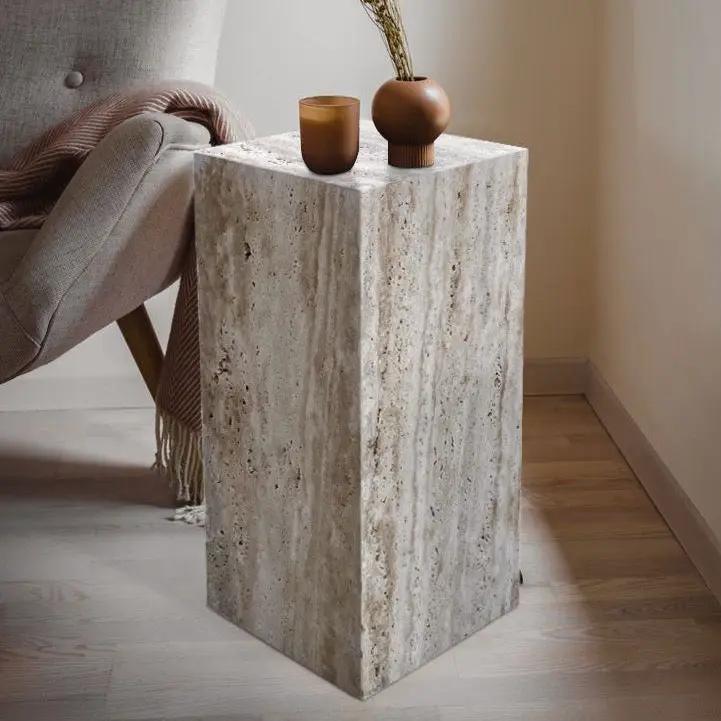 Walnut travertine vein-cut cube end table by Villohome, polished beige stone with brown veining, with two small vases.