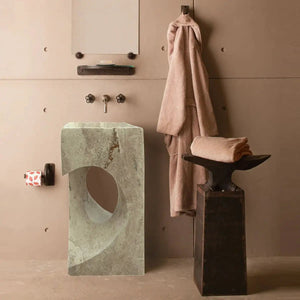 Walnut Travertine designer pedestal sink; stand-alone hearth-shaped stone basin in grey travertine, 18x18x33 in