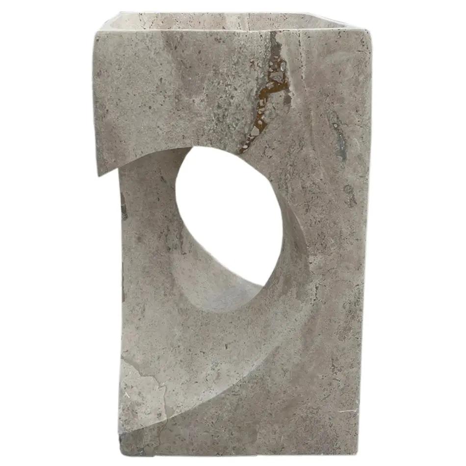Villohome Walnut Travertine Designer stone pedestal sink; hearth-shaped stand-alone bathroom sink, 18x18x33 inches.