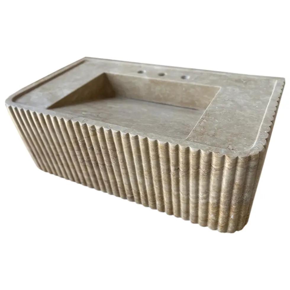 Villohome walnut travertine rectangular wall-mount bathroom sink with fluted ribbed exterior, 16x32x10