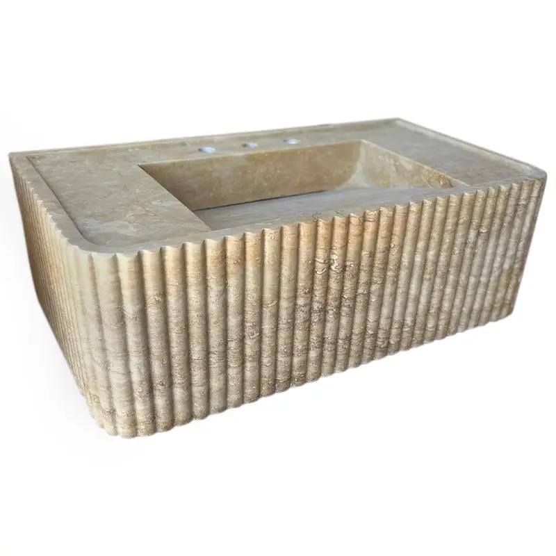 Walnut Travertine rectangular wall-mount bathroom sink with fluted ribbed sides by Villohome