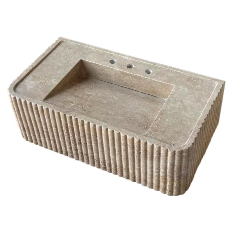 Villohome Walnut Travertine rectangular wall-mount bathroom sink with fluted ribbed sides and three faucet holes.