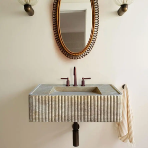 Walnut travertine rectangular wall-mount bathroom sink by Villohome; fluted exterior, 16x32x10.