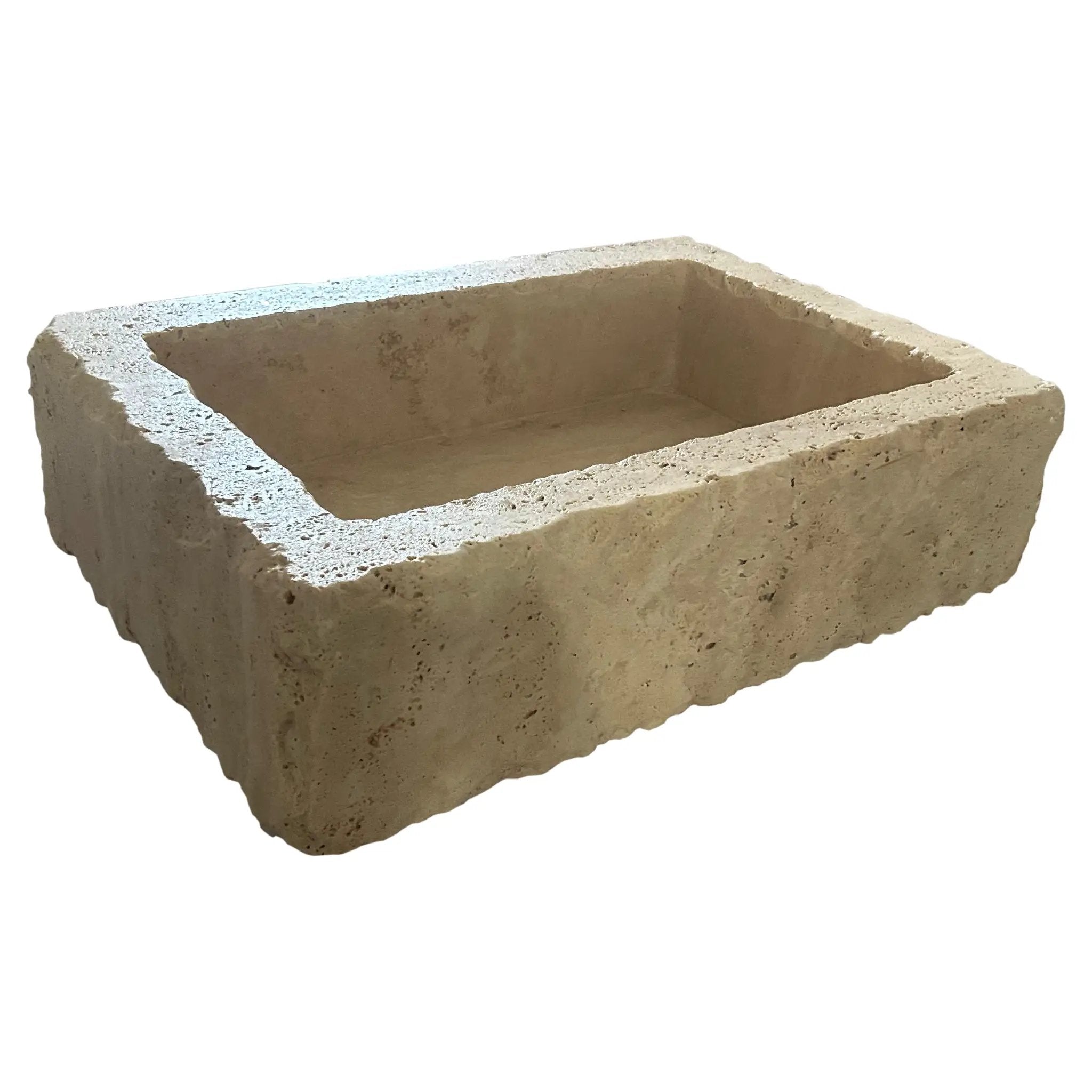 Walnut Travertine Rustic Rectangular Wall-mount Bathroom Sink; beige textured stone