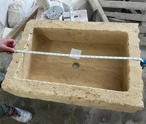 Walnut travertine rustic rectangular wall-mount bathroom sink, beige stone with rough, porous interior