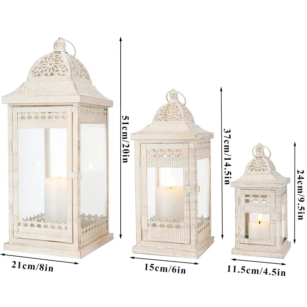 Decorative candle lanterns set of 3 beige vintage metal lanterns in 20in, 14.5in and 9.5in heights
