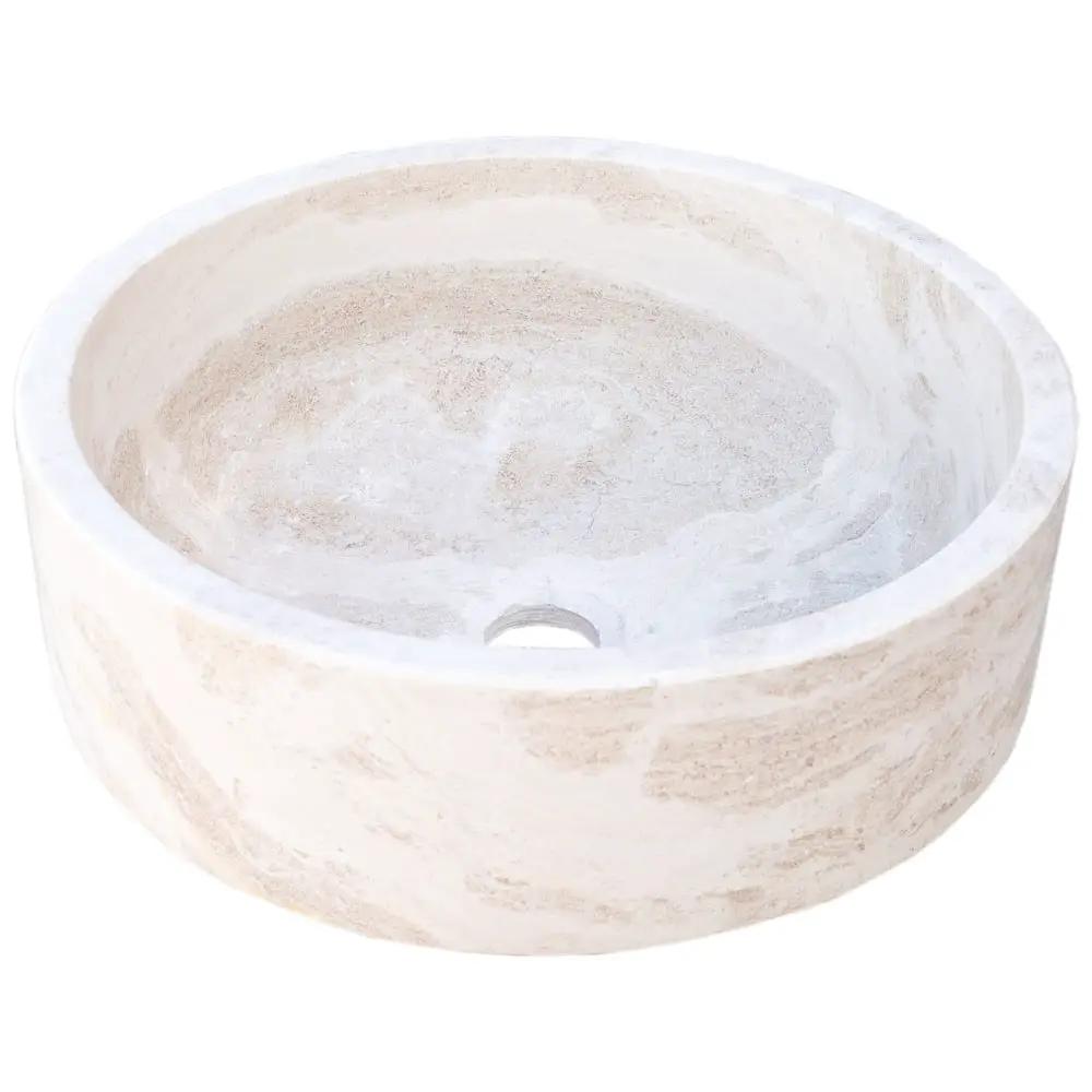Natural stone white limestone vessel sink, round polished basin, 16-inch diameter, Villohome.