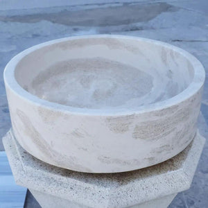 Natural Stone White Limestone Vessel Sink by Villohome, polished, 16in diameter