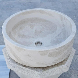 Natural Stone White Limestone Vessel Sink, polished round basin, 16-inch diameter, 6-inch height, center drain.