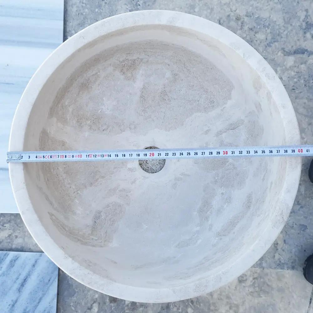 Villohome natural white limestone vessel sink, polished finish, 16-inch diameter, 6-inch high