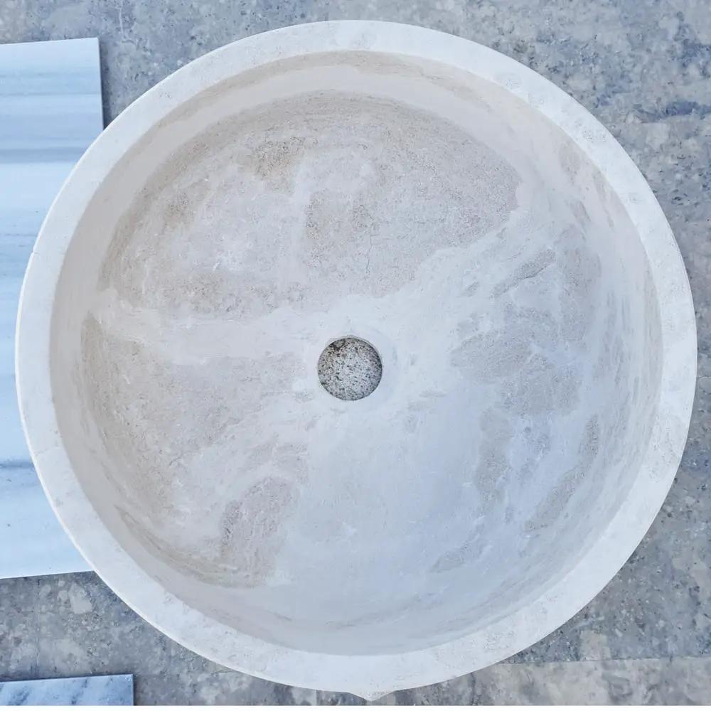 Villohome natural stone white limestone vessel sink, polished finish, 16-inch diameter, 6-inch height