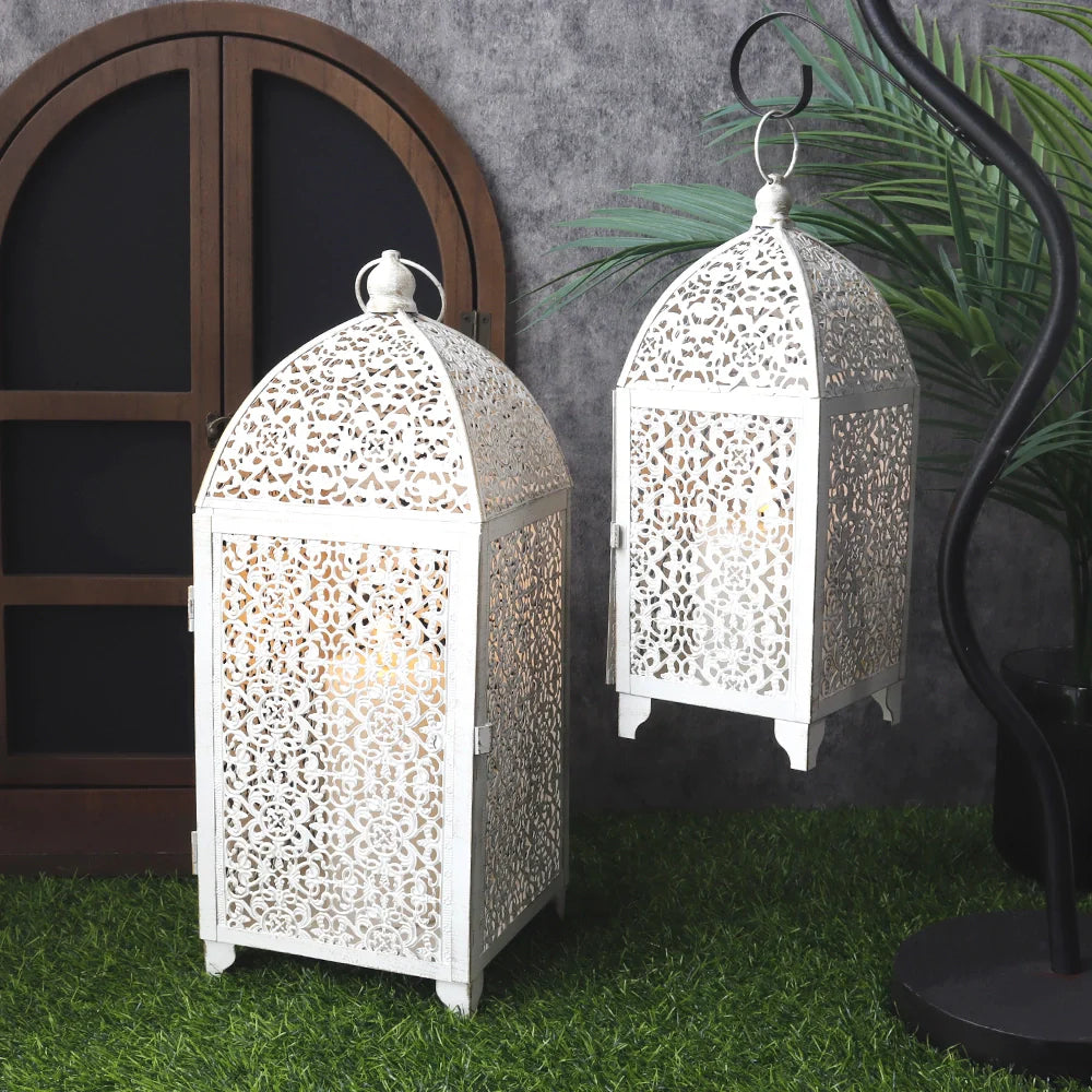 Set of 2-16.5''&12'' High Metal Lantern-White with Gold Brush