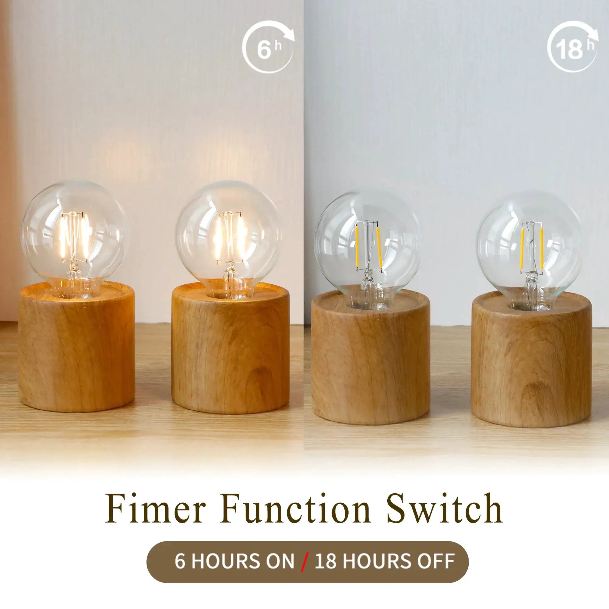 Wood grain battery-operated table lamp set of 2 with clear glass globe bulbs