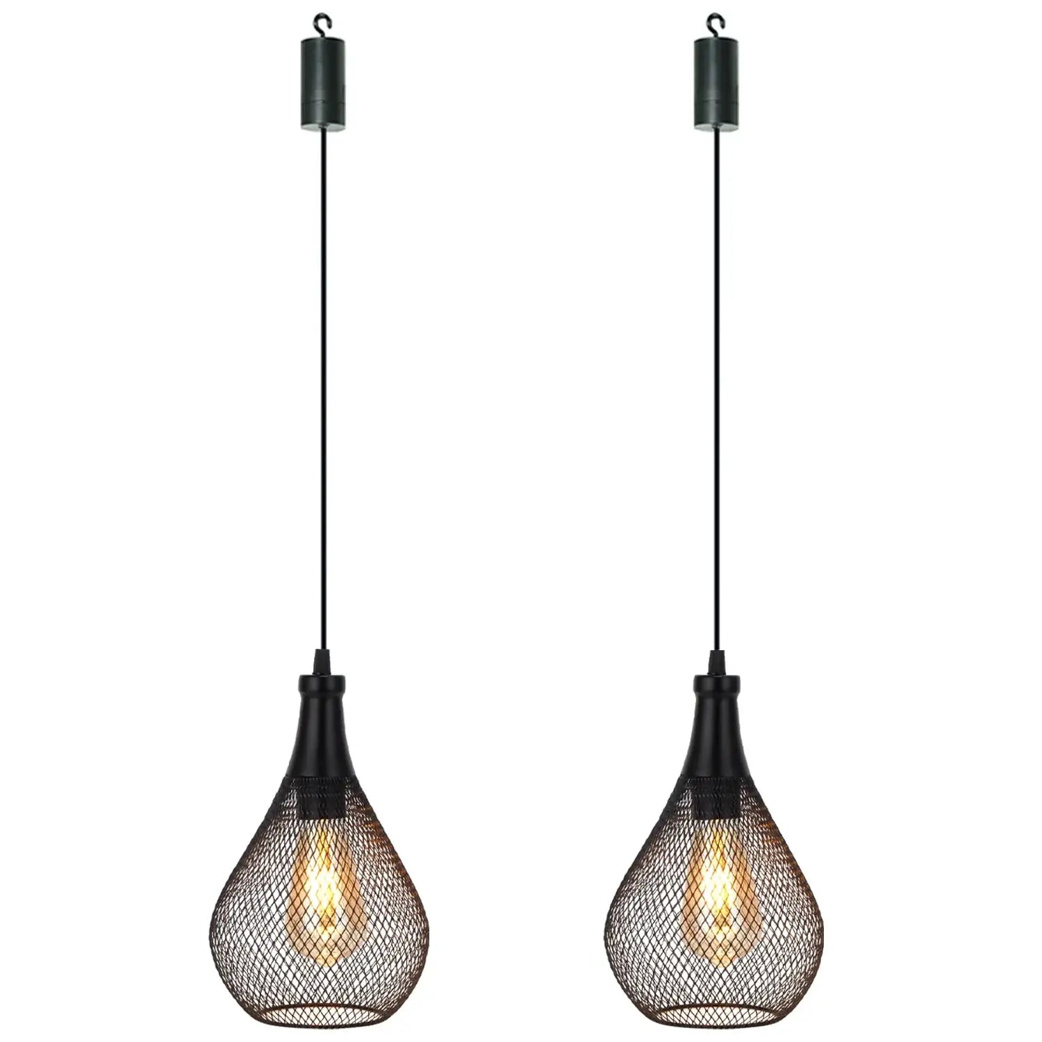 Set of 2 black metal hanging lamps, battery-operated with teardrop mesh cages by JHY DESIGN