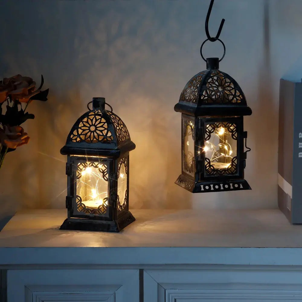 Set of 2 8-inch gray battery-operated lanterns with vintage metal lattice and interior lights, JHY DESIGN