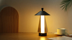 JHY DESIGN 3-Way Dimmable Bedside Lamp, umbrella-shaped black shade with clear glass body, 12-inch tall.