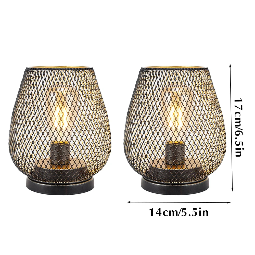 Set of 2 brown metal mesh table lamps, battery-operated, 14 cm diameter x 17 cm tall