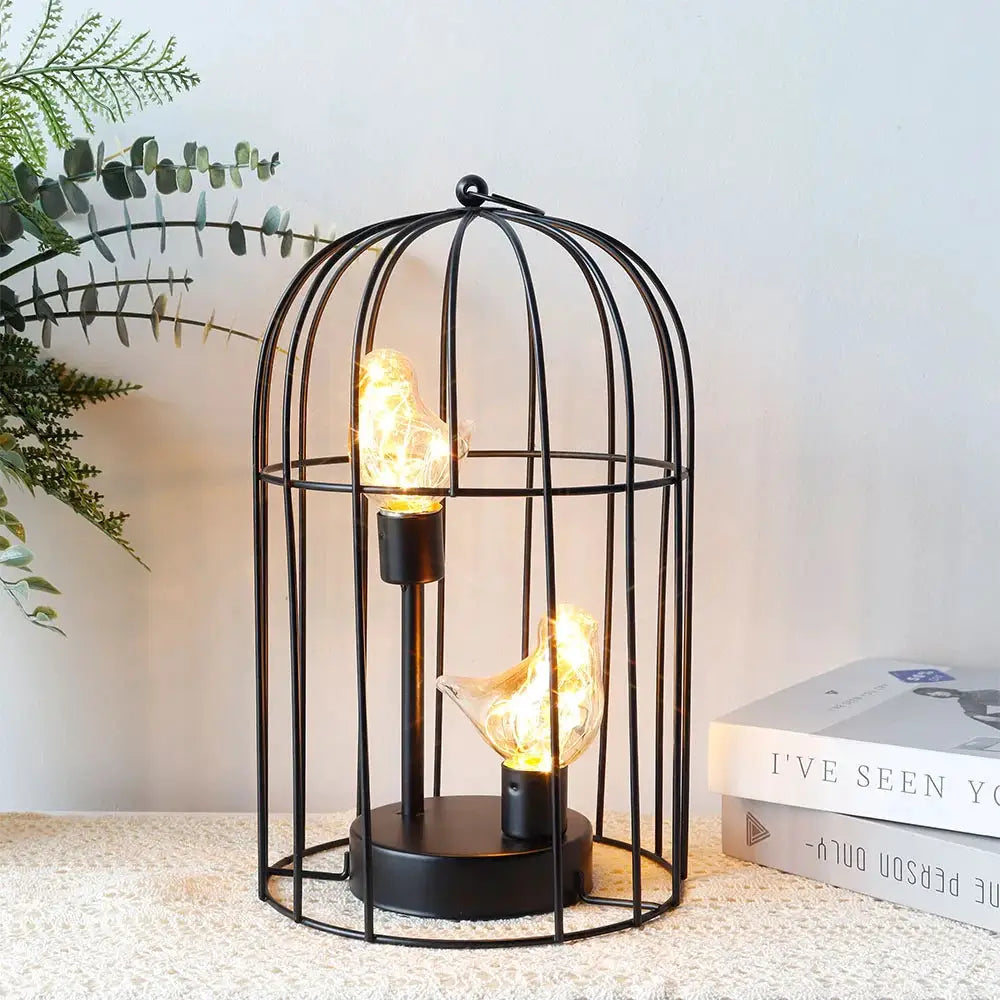 12-Inch tall battery-operated birdcage lamp; black metal cage with warm LED bird figures by JHY DESIGN