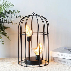 12-Inch tall battery-operated birdcage lamp; black metal cage with warm LED bird figures by JHY DESIGN
