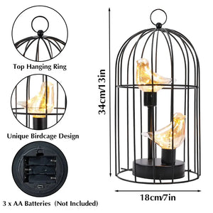 JHY DESIGN 12in tall battery-operated birdcage lamp; black metal cage with two illuminated birds