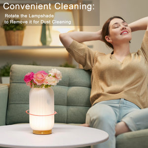 9-inch rechargeable cylindrical lamp by JHY DESIGN; battery-operated with ribbed white body and wooden base.