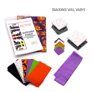 Witches Feet Table Runner Precut Quilt Kit by Block Party Quilt Co with pumpkin-print fabrics in orange, purple and black.
