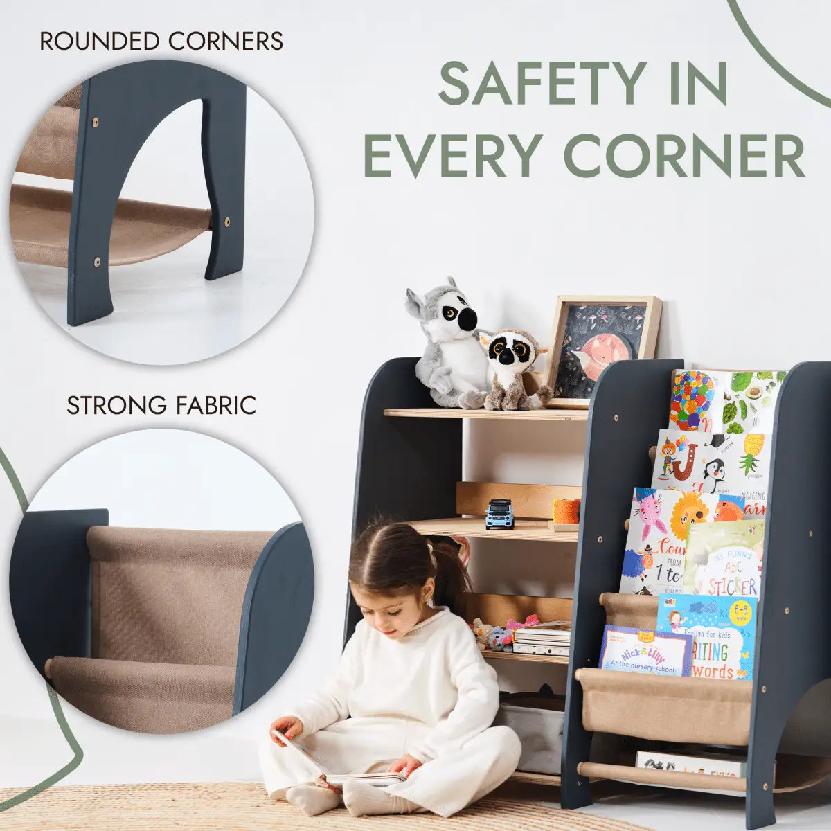 Wooden Montessori 2-in-1 toddler bookshelf and toy shelving by Goodevas; navy blue frame with beige fabric bins