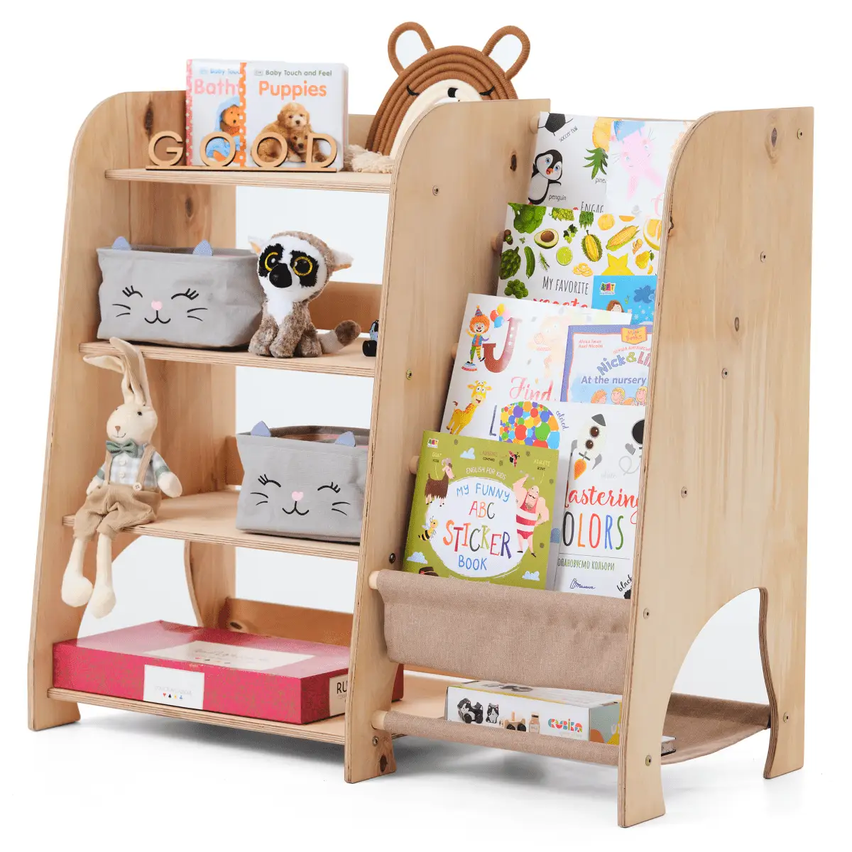 Wooden Montessori toddler shelves 2-in-1 bookshelf and toy shelving by Goodevas, natural wood.