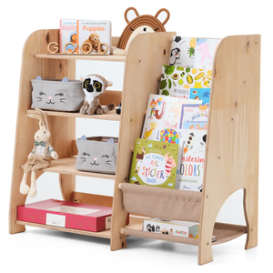 Wooden Montessori toddler shelves 2-in-1 bookshelf and toy shelving by Goodevas, natural wood.