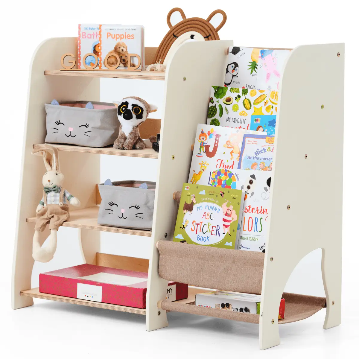 Wooden Montessori toddler 2in1 bookshelf and toy shelving by Goodevas, natural wood with cream frame
