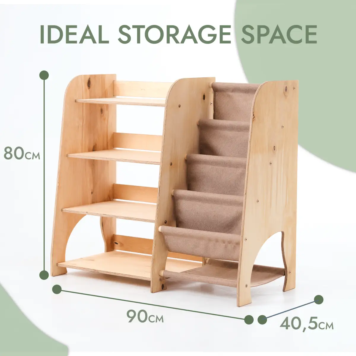 Wooden Montessori Shelves for Toddler 2in1: Bookshelf & Toy Shelving by Goodevas, natural wood with beige fabric steps