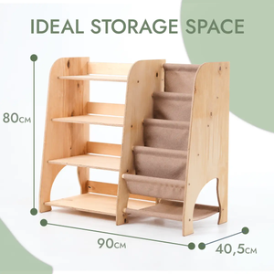 Wooden Montessori Shelves for Toddler 2in1: Bookshelf & Toy Shelving by Goodevas, natural wood with beige fabric steps