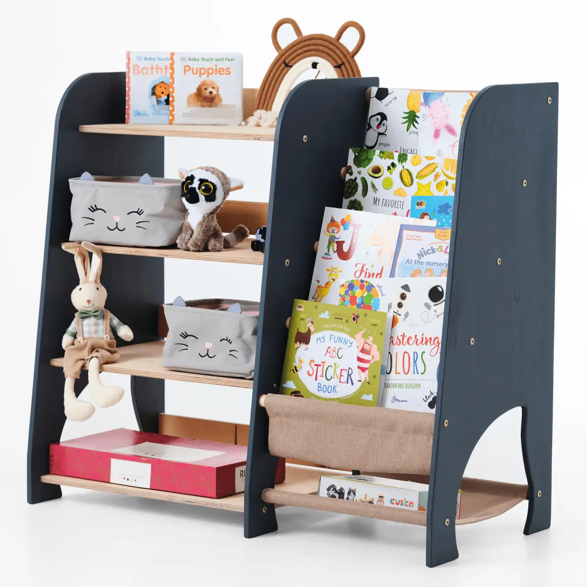 Wooden Montessori toddler bookshelf and toy shelf by Goodevas, blue sides with light wood shelves