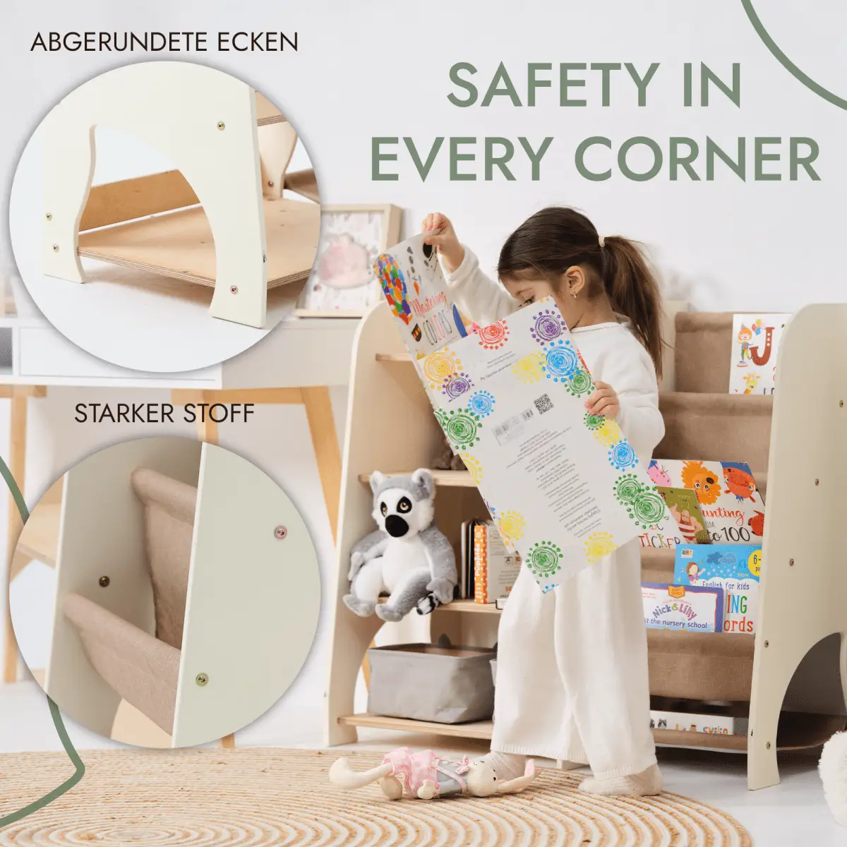 Wooden Montessori toddler bookshelf and toy shelf 2in1 with rounded corners by Goodevas