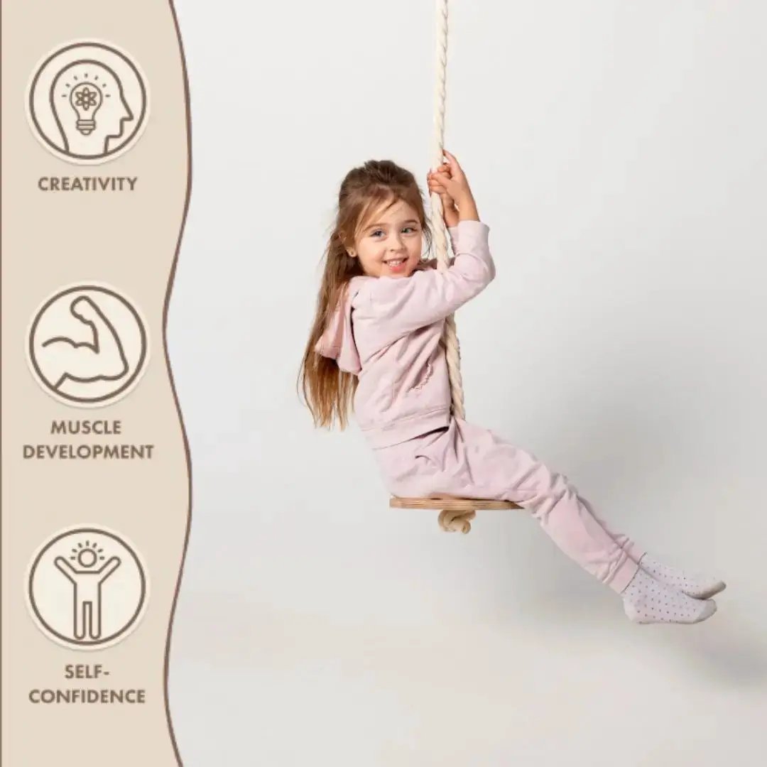 Wooden rope swing for kids, Goodevas single baby swing with natural wood seat and rope.