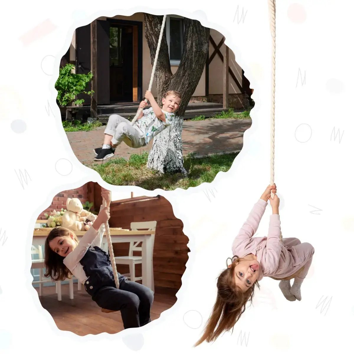 Wooden rope swing for kids by Goodevas; 3 swings shown, indoor and outdoor use.