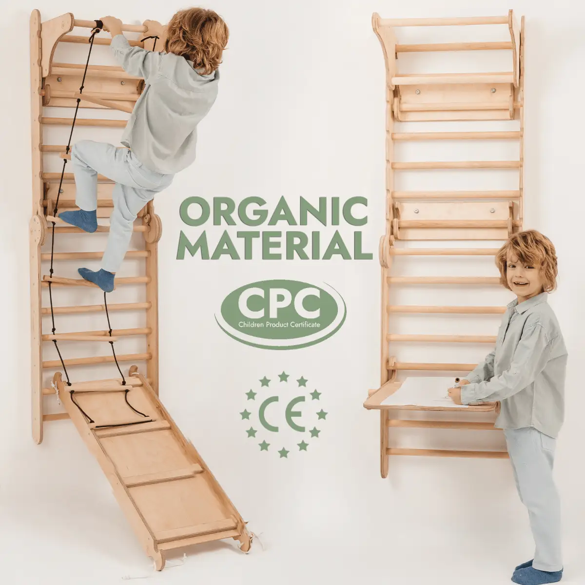 Wooden Swedish wall climbing ladder for kids with slide board; organic material, CPC and CE certified