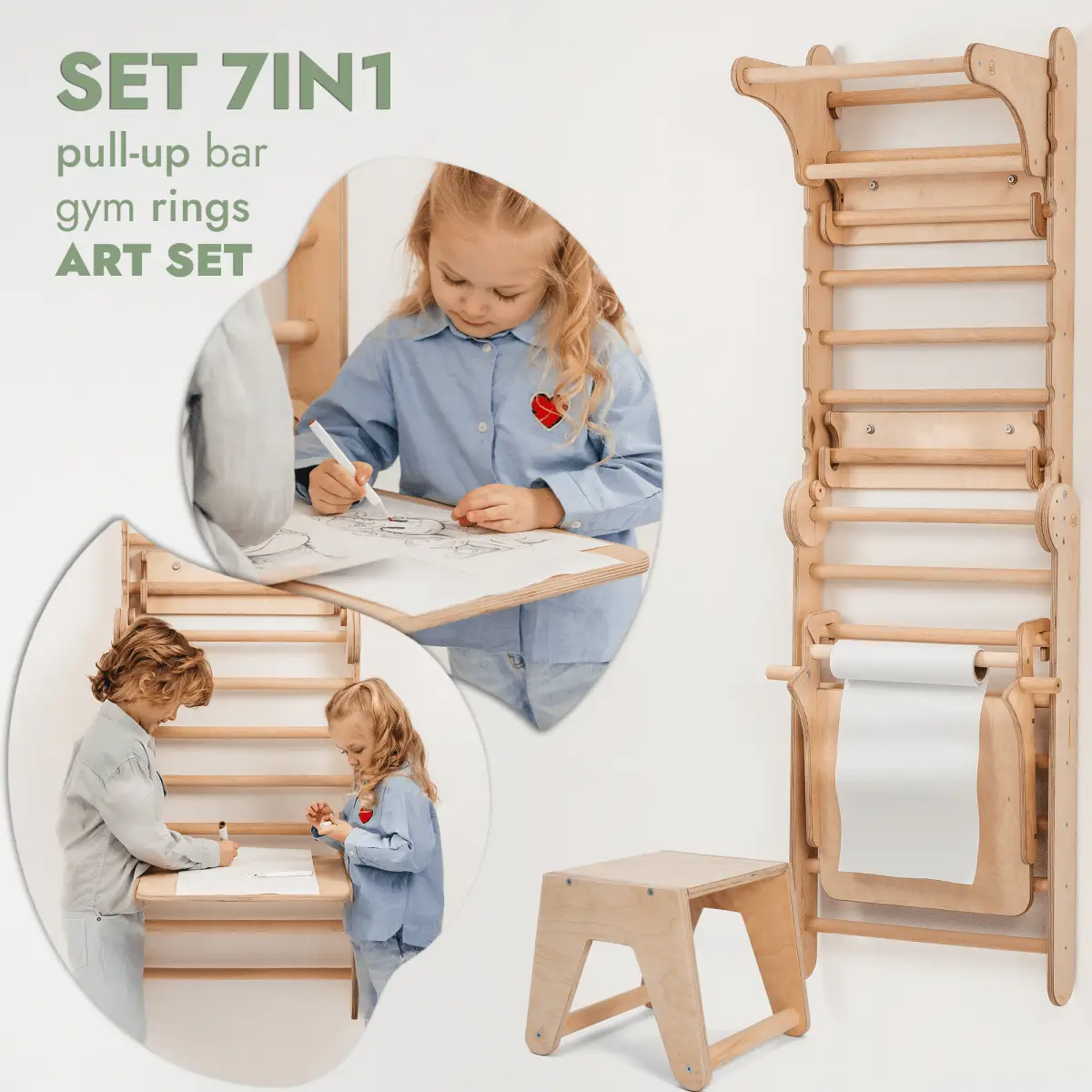 Goodevas wooden Swedish wall climbing ladder, 7-in-1 set with pull-up bar, gym rings and art set