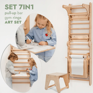 Goodevas wooden Swedish wall climbing ladder, 7-in-1 set with pull-up bar, gym rings and art set