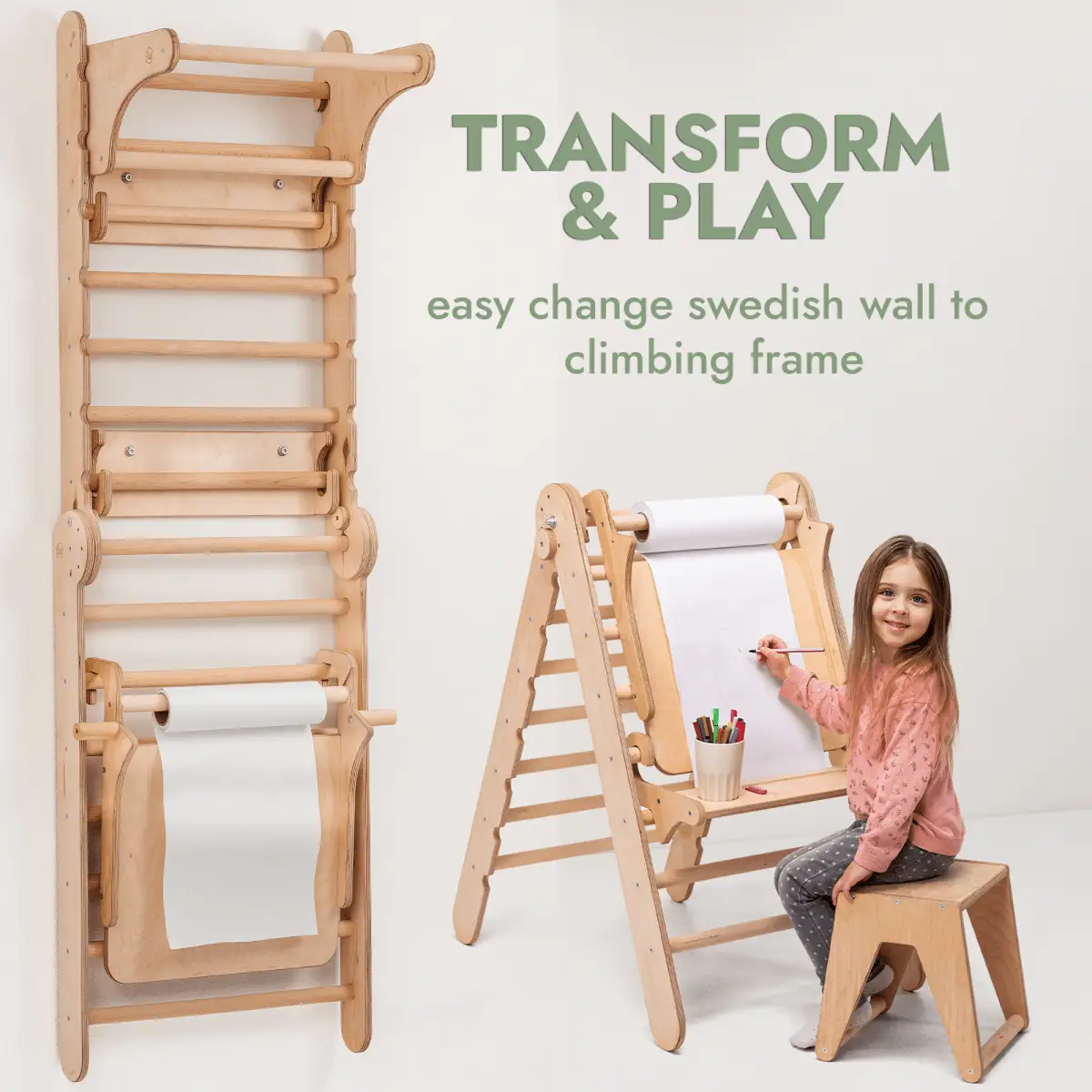 Goodevas Swedish wall climbing ladder in natural wood with child at an art easel.