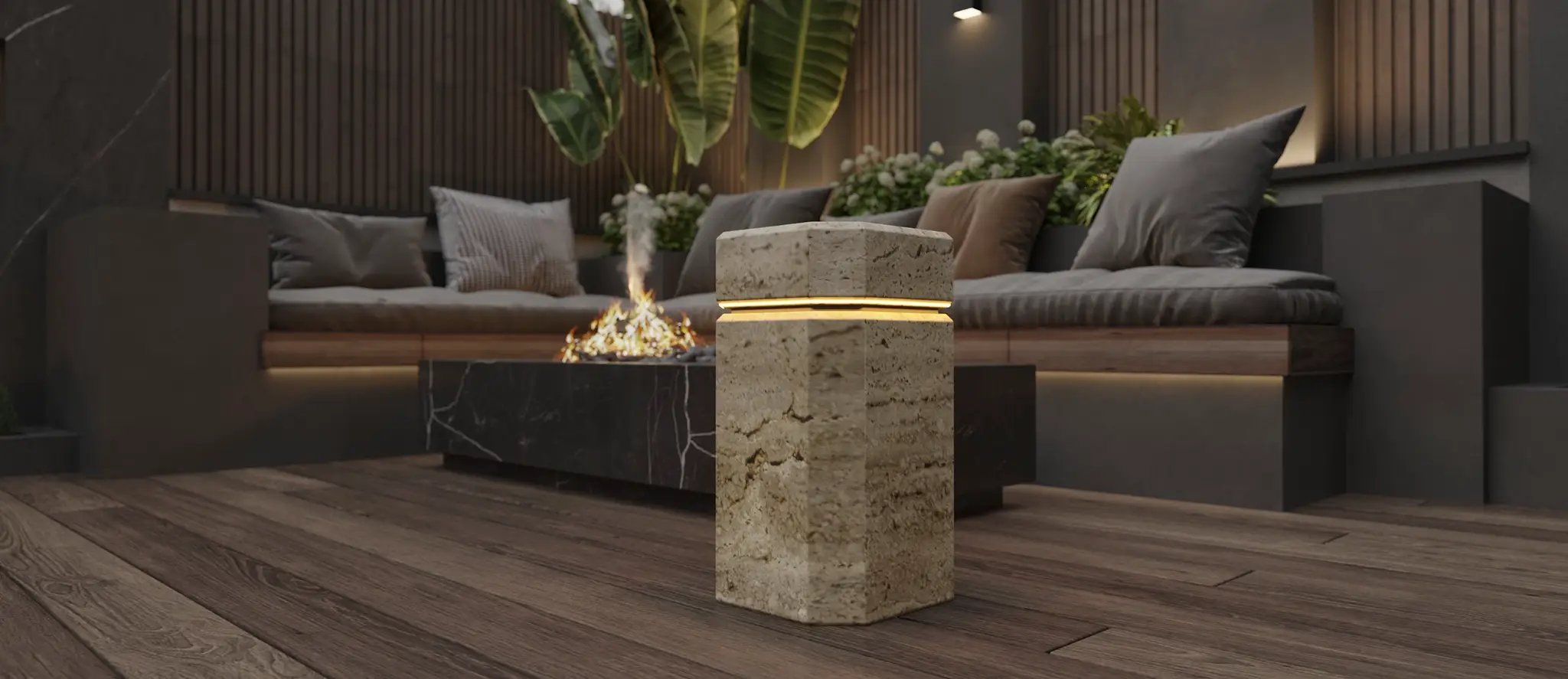 Luxury travertine marble end table with LED illumination, freestanding pedestal design.