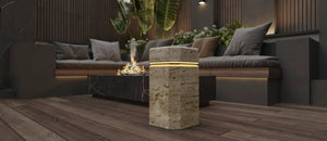 Luxury Travertine Marble Side Table with LED illumination, freestanding outdoor MEG Custom Marble by Ziynet A. LLC